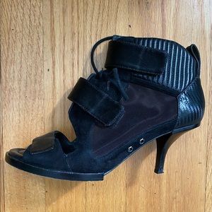 Alexander Wang Black Suede and Mixed Materials Ribbed Stiletto Heel Sandals